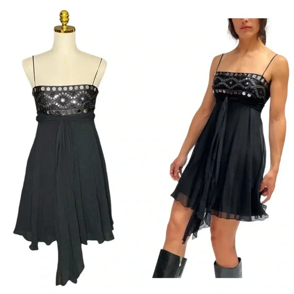 BCBGMaxazria Y2K Black 100% Silk Spaghetti Strap Fit & Flare Party Dress Size 4 - Picture 5 of 13